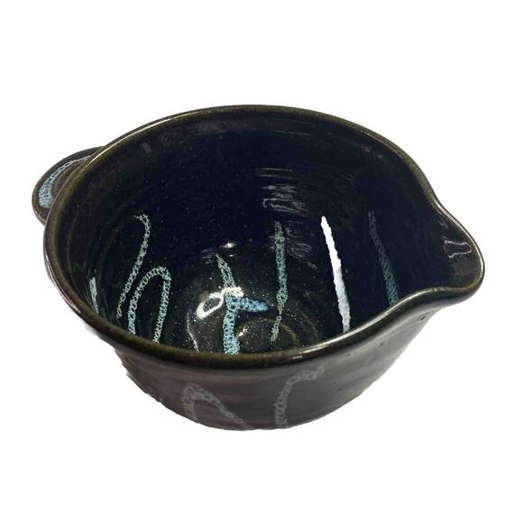 VTG Dough Bowl Studio Pottery Batter Spout Black Blue Signed Boho Whimsygoth 70s - Picture 1 of 15